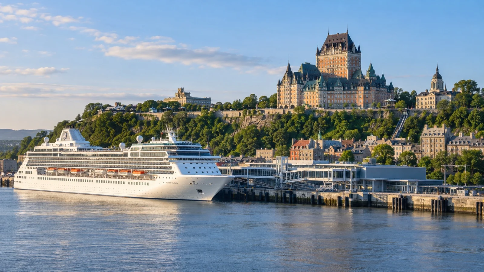 Québec City cruise terminal in the Old Port with a white cruise ship docked below the historic upper town and Château Frontenac