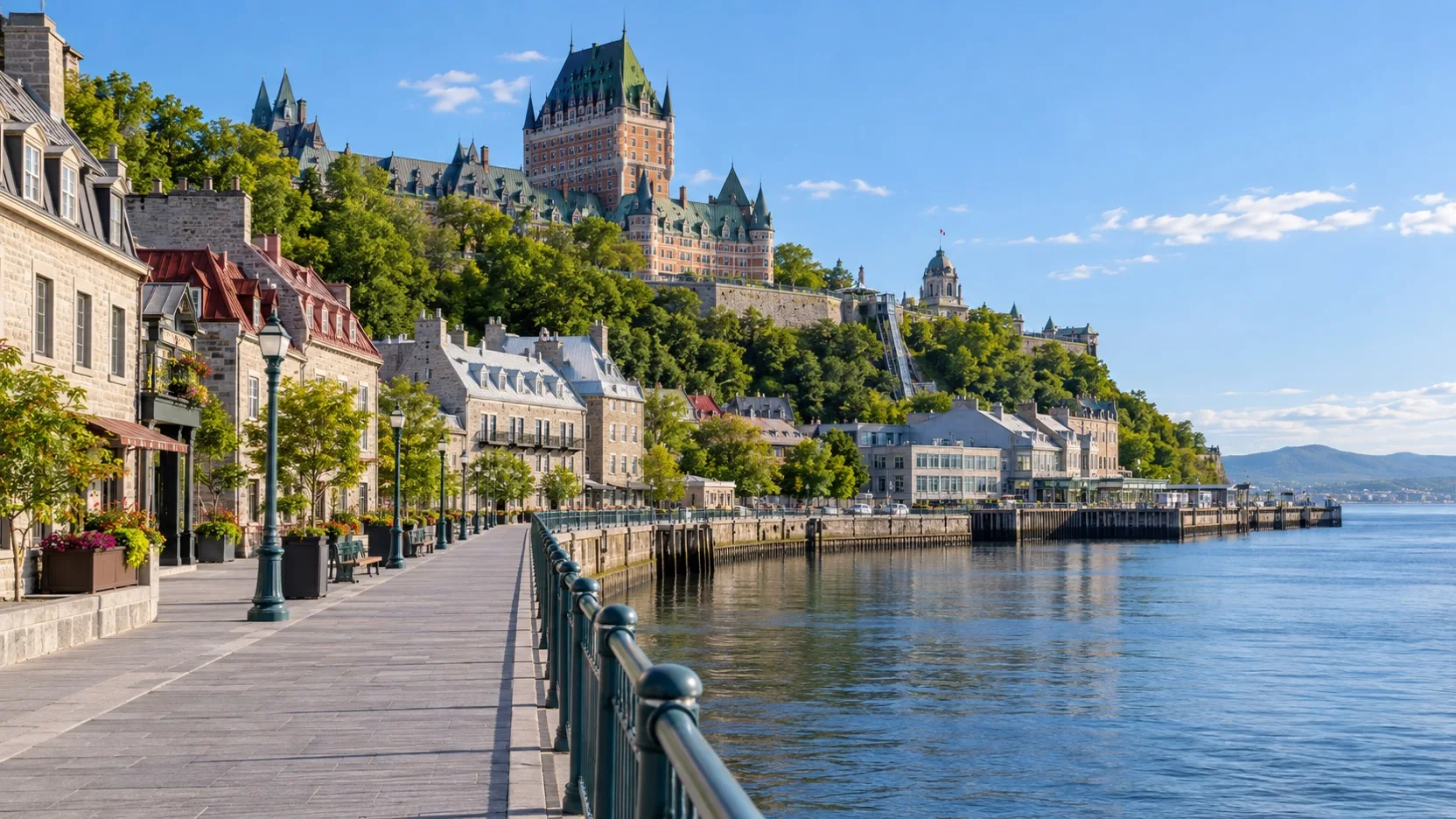 Empty Quebec City waterfront promenade below the Château Frontenac