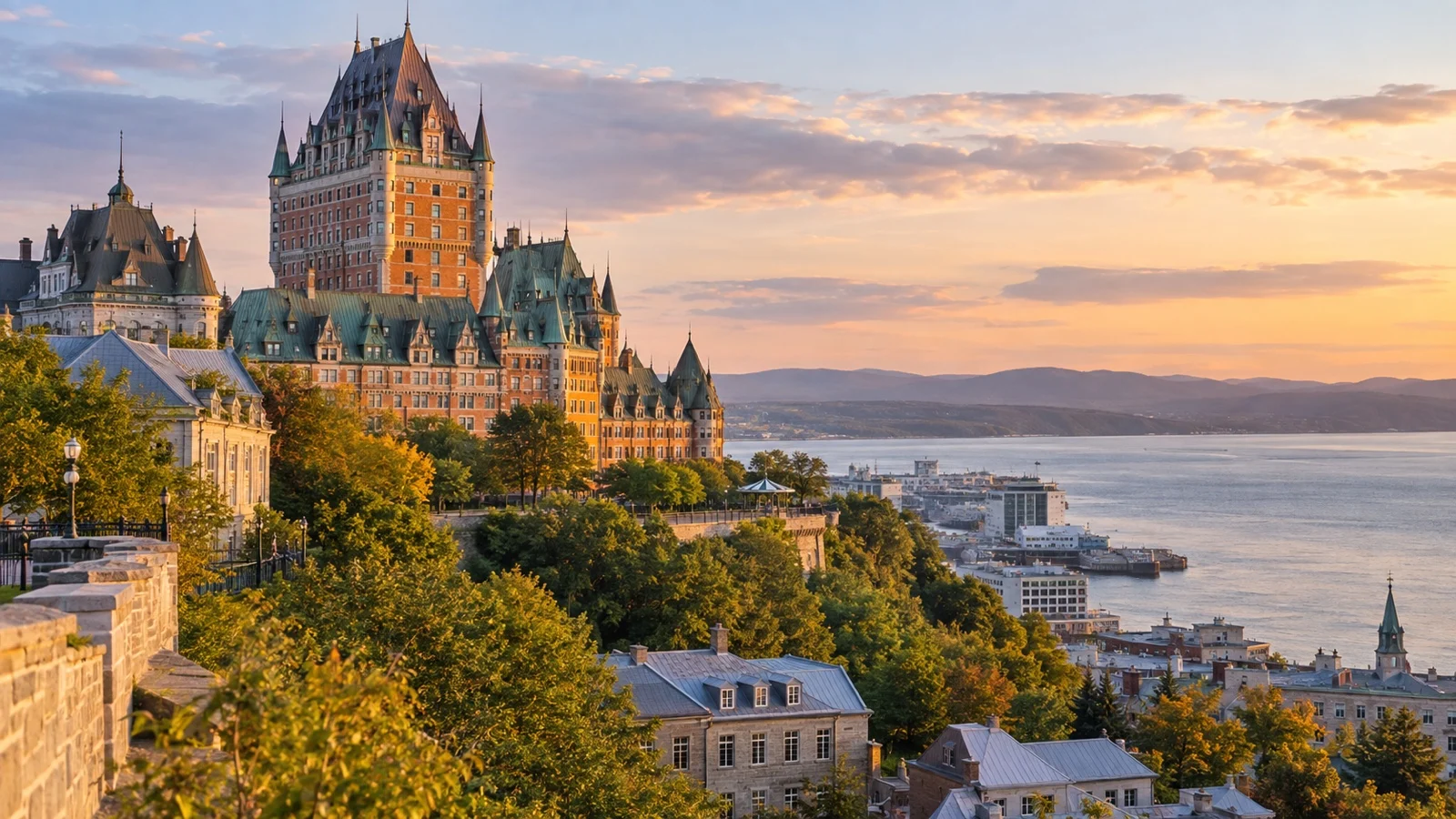 Château Frontenac and nearby luxury hotel buildings above the St. Lawrence River in Québec City