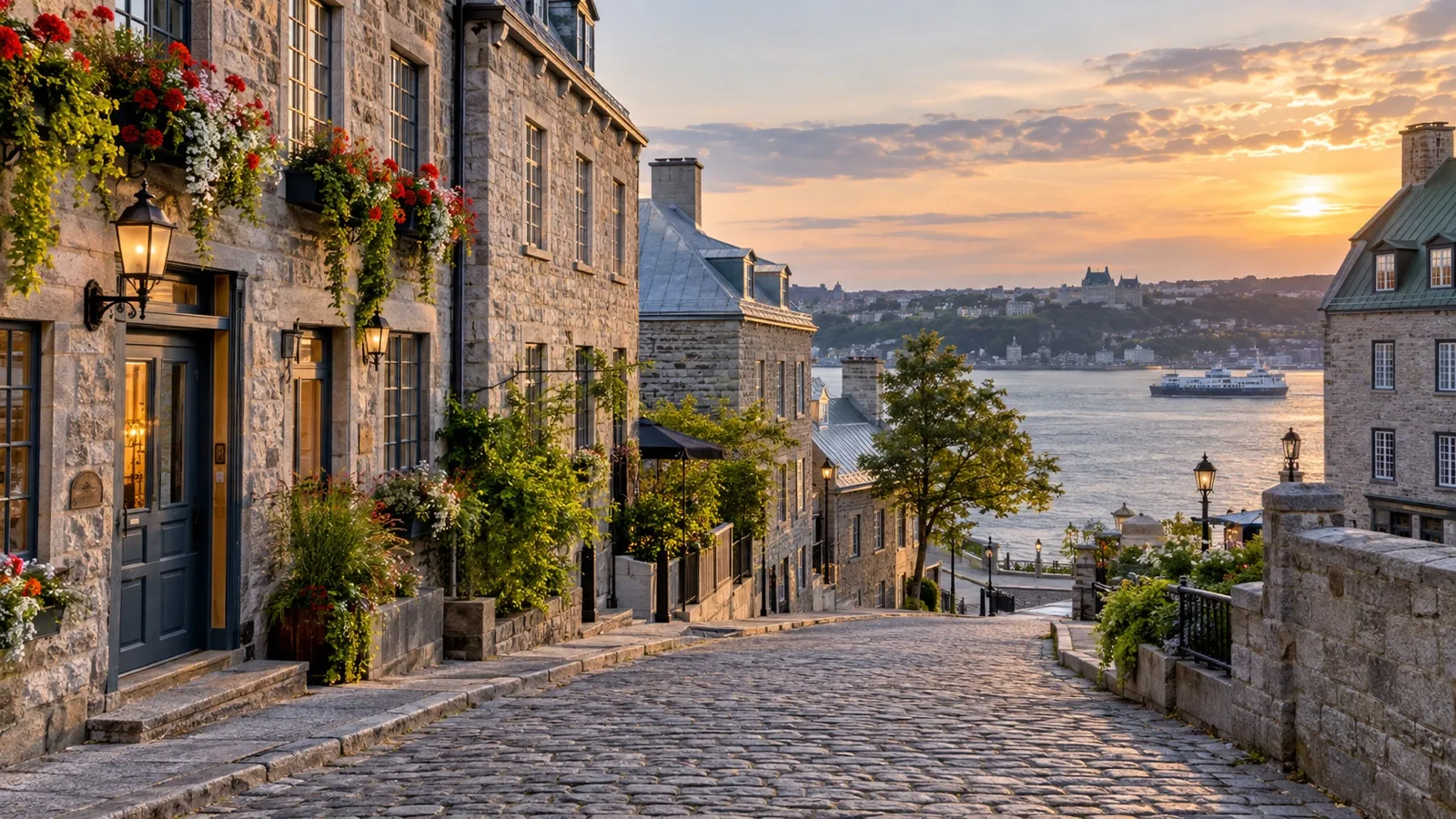 Old Port of Québec City with stone hotel buildings and cobblestone streets close to the St. Lawrence River