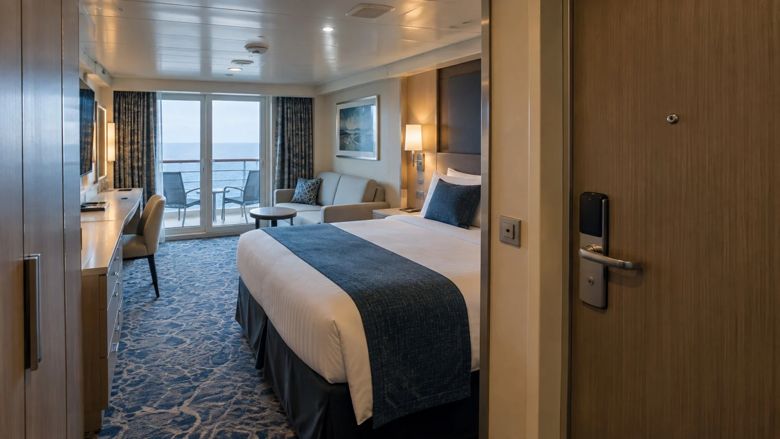 Empty cruise cabin seen through its open door, with a bed and sea-view balcony