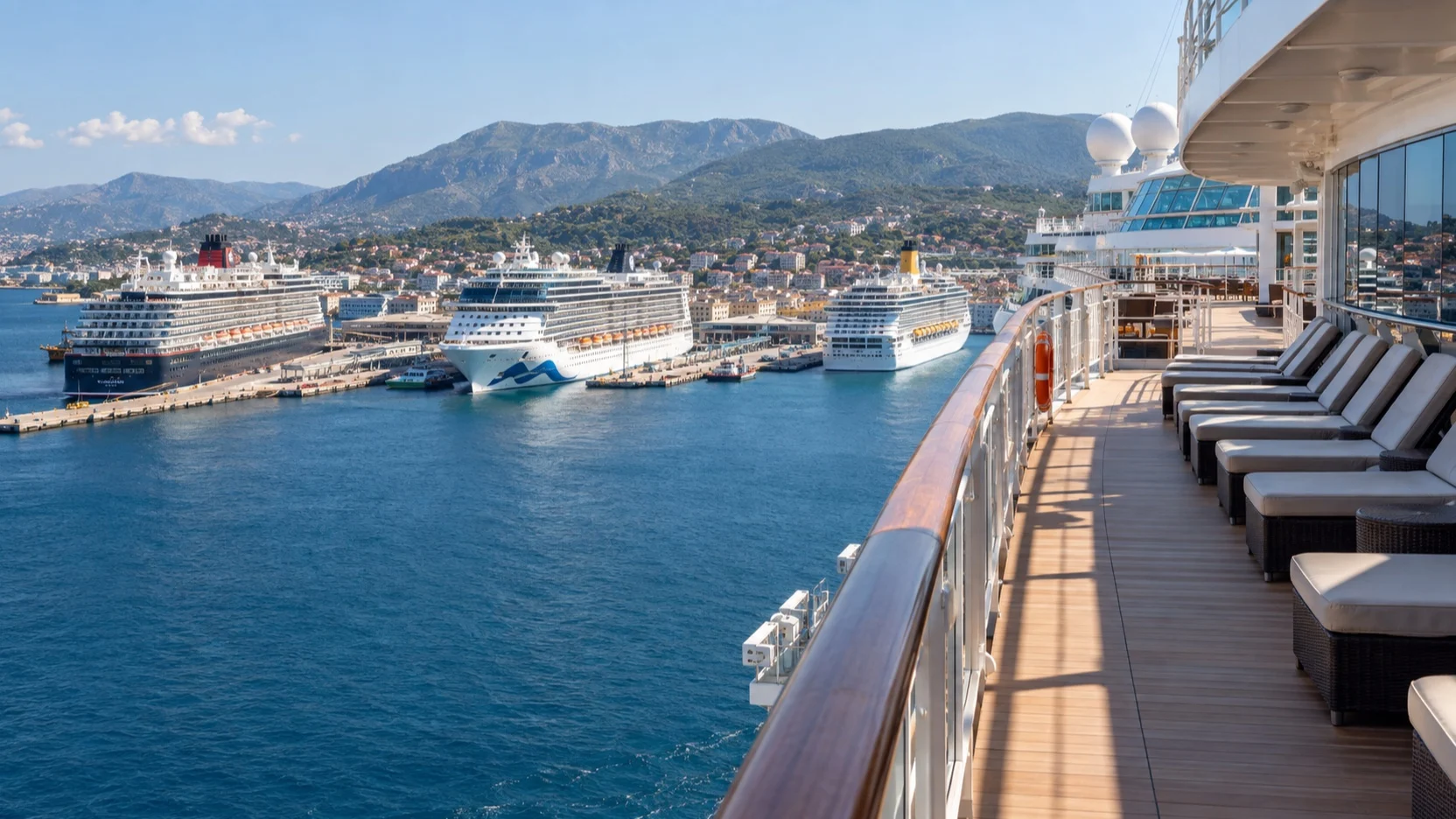 Empty ship deck overlooking several cruise ships in port