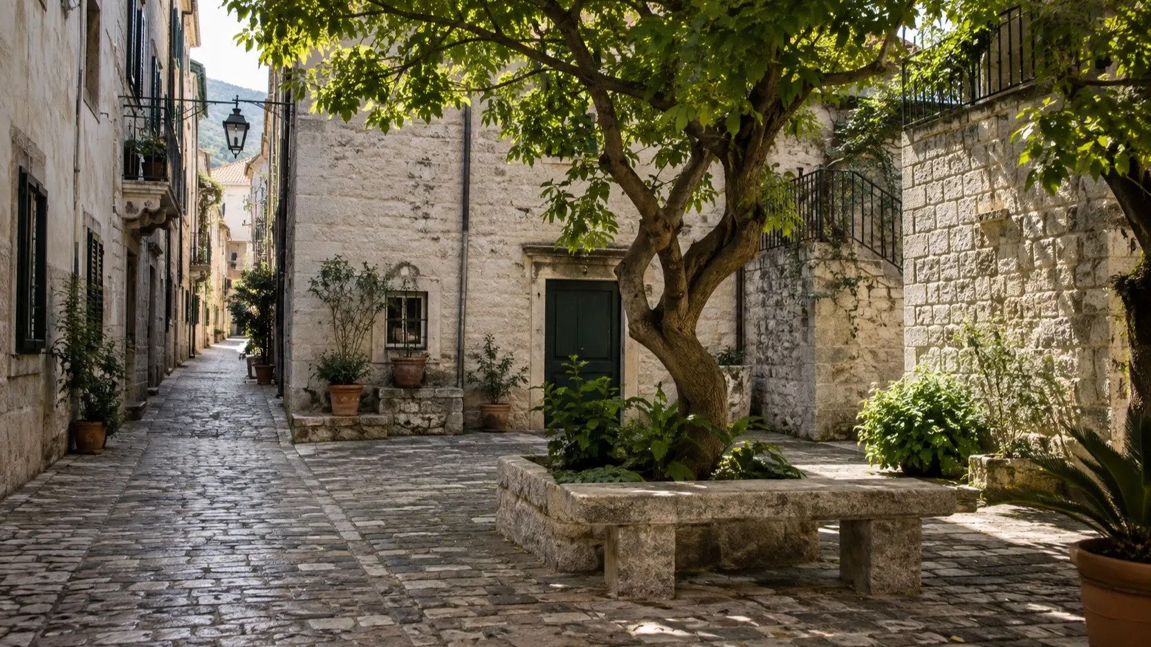 Quiet shaded backstreet square away from a city's main visitor route