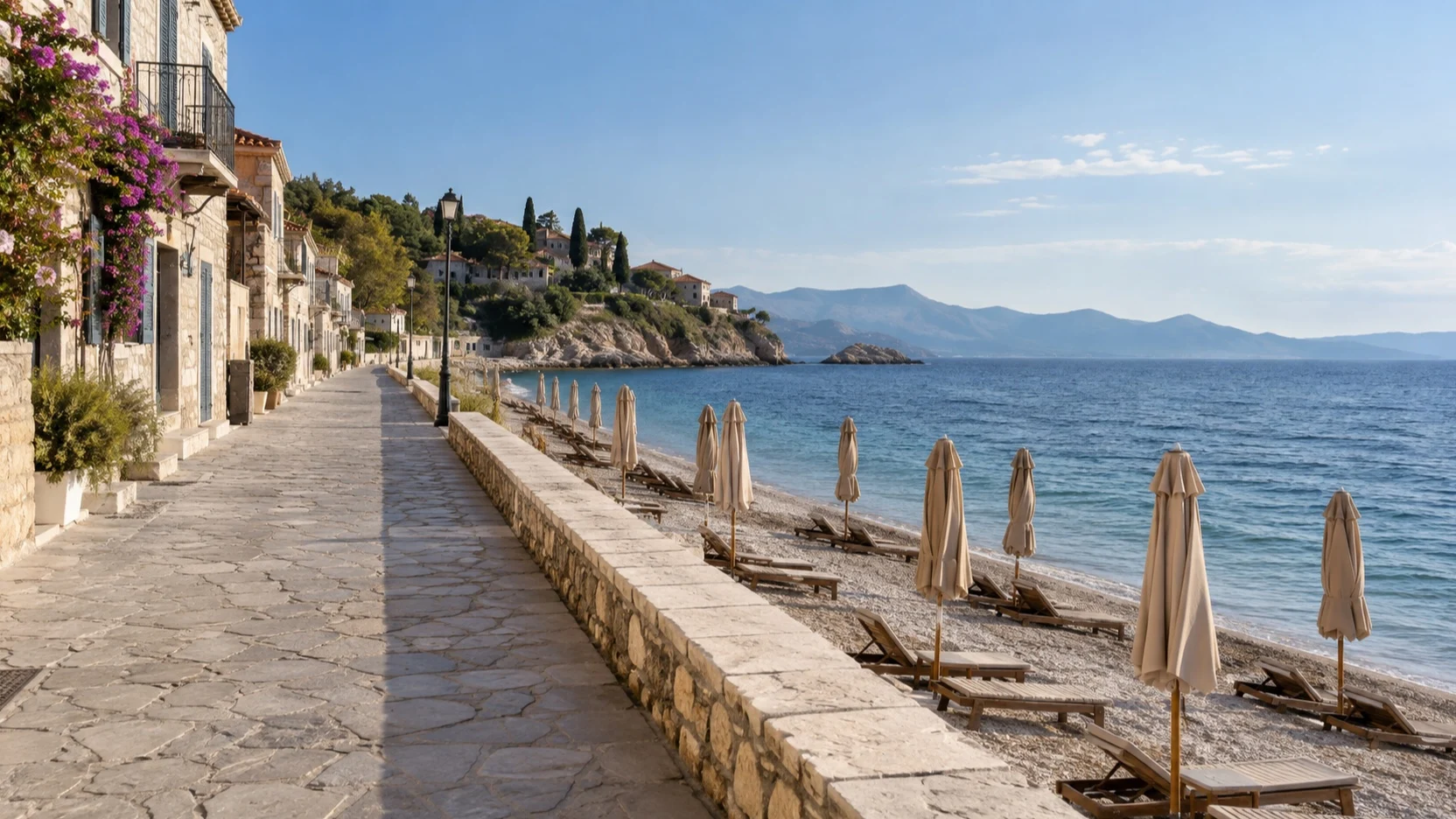 Nearly empty Mediterranean promenade and closed beach umbrellas