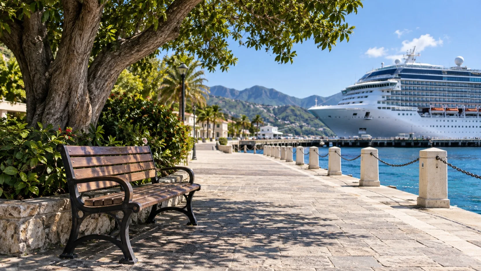 Shaded bench beside a quiet promenade with the cruise ship in view
