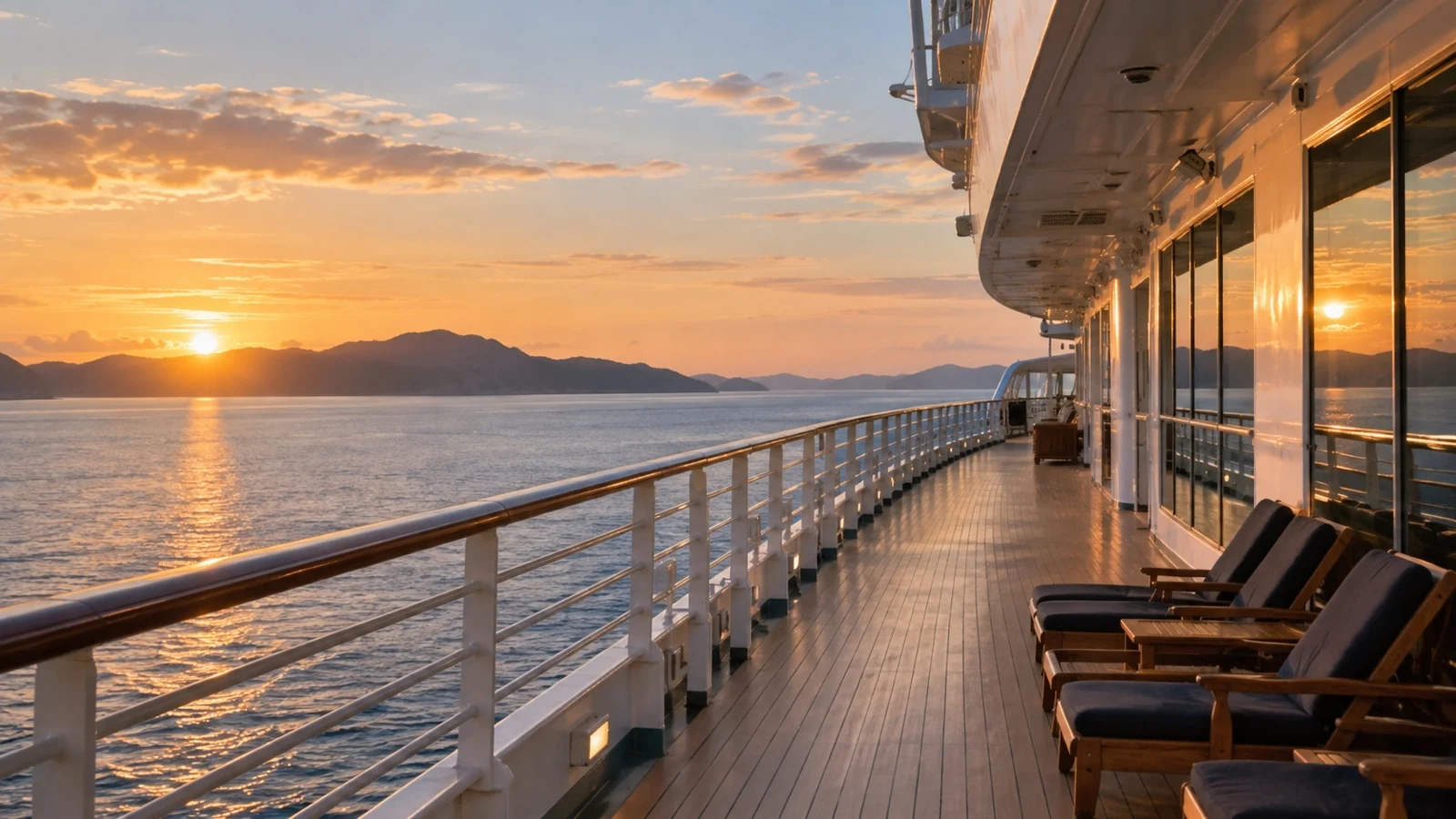 Quiet empty cruise ship promenade deck at sunrise in shoulder season