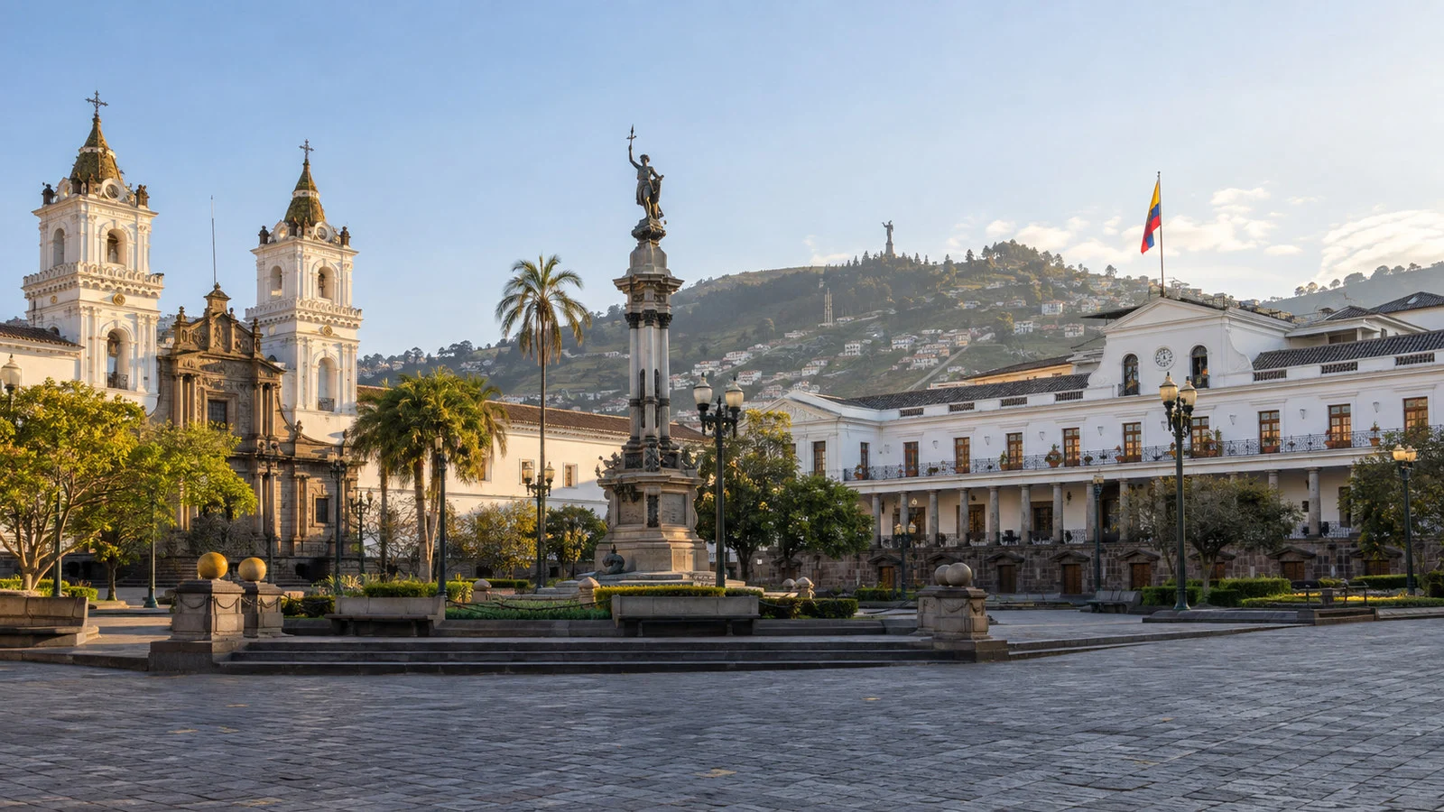 Quito Plaza Grande with cathedral facade, presidential palace and central monument, empty early morning