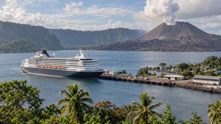 Cruise ship at Rabaul wharf beneath volcanic hills