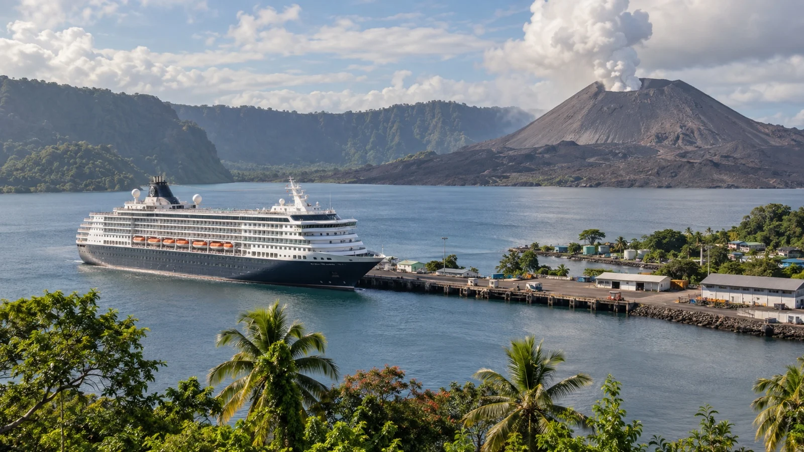 Cruise ship at Rabaul wharf beneath volcanic hills