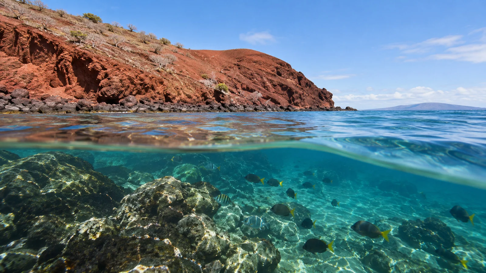 Clear water snorkeling view off Rabida Island Galapagos with reef fish and red volcanic shoreline above water, no people