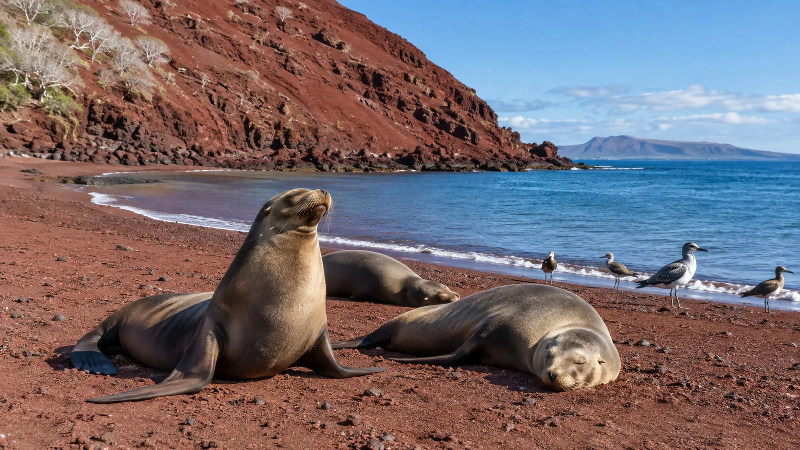 Galapagos sea lions resting on Rabida Island red sand beach with seabirds nearby, no people