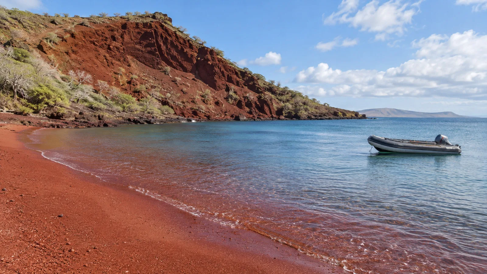 Rabida Island Galapagos distinctive red sand beach with empty Zodiac inflatable boat just offshore, no people