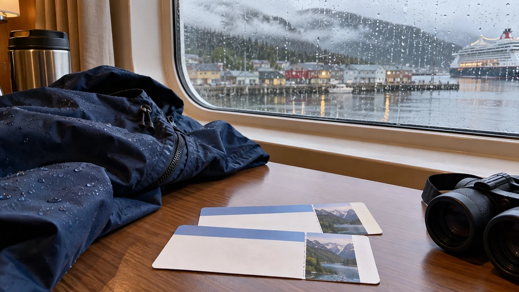 Rain jacket and excursion papers beside a window on a rainy harbor