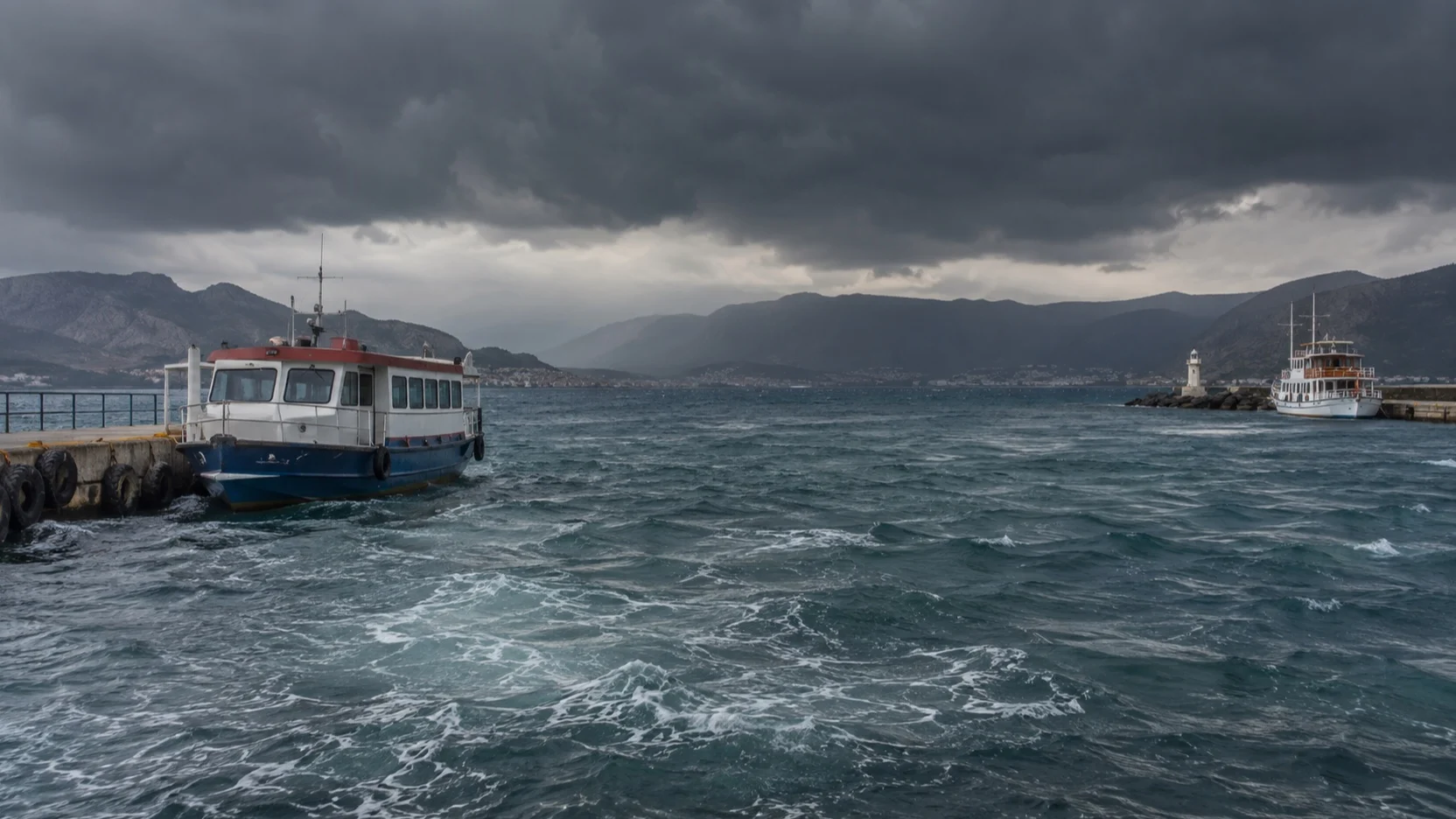 Small ferries at a port under dark storm clouds and choppy water