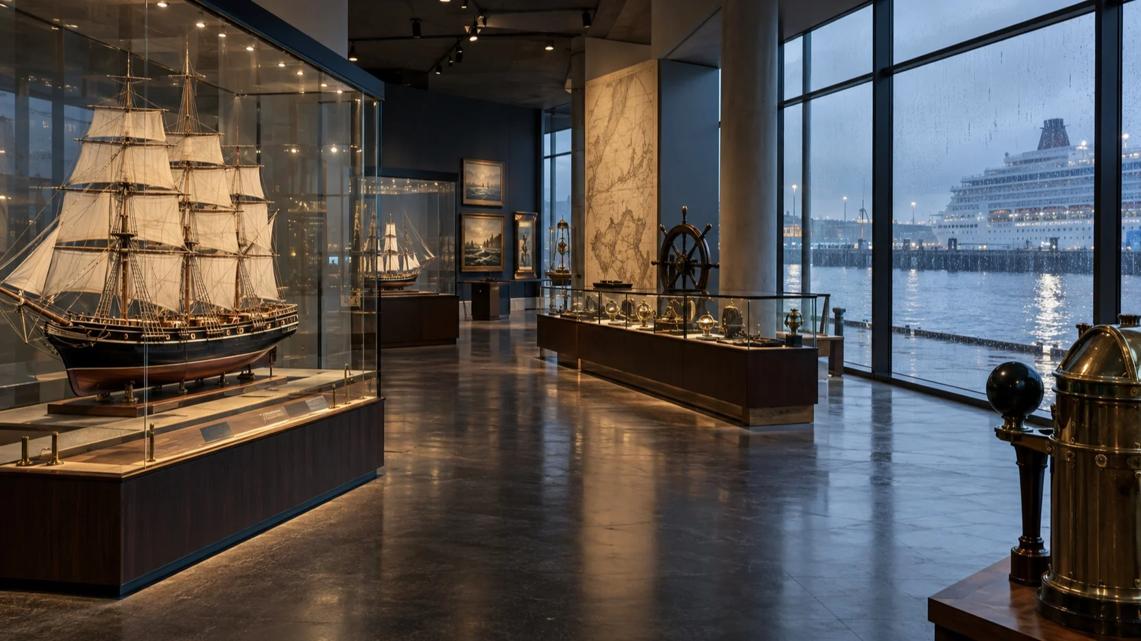 Ship models inside a maritime museum overlooking a rainy harbor