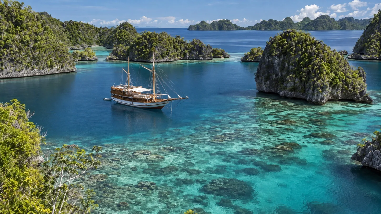 Liveaboard cruise ship anchored in Raja Ampat lagoon