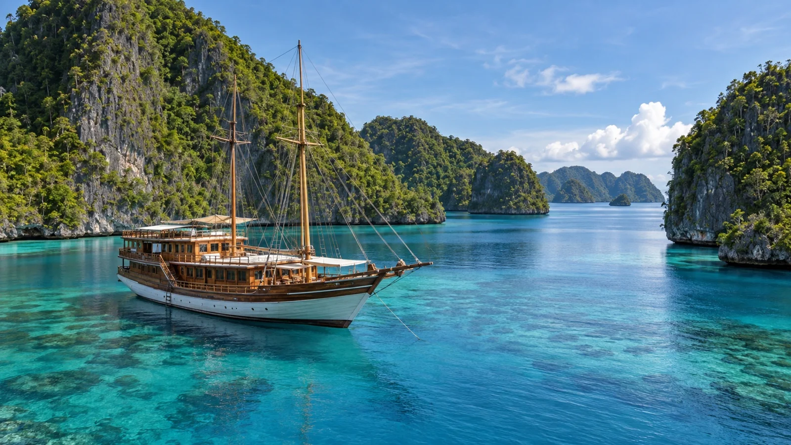 Traditional phinisi liveaboard among Raja Ampat islands