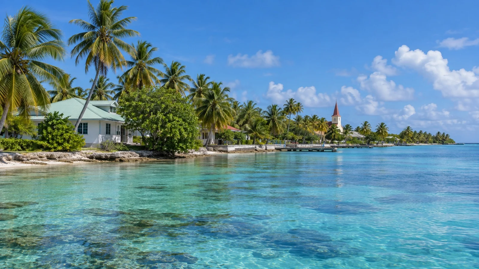 Quiet palm-lined shoreline and low buildings near Avatoru village on Rangiroa