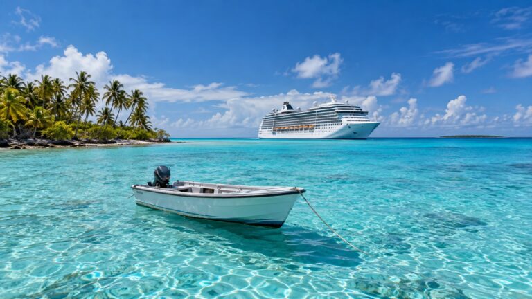 Small empty boat in Rangiroa lagoon with a cruise ship offshore