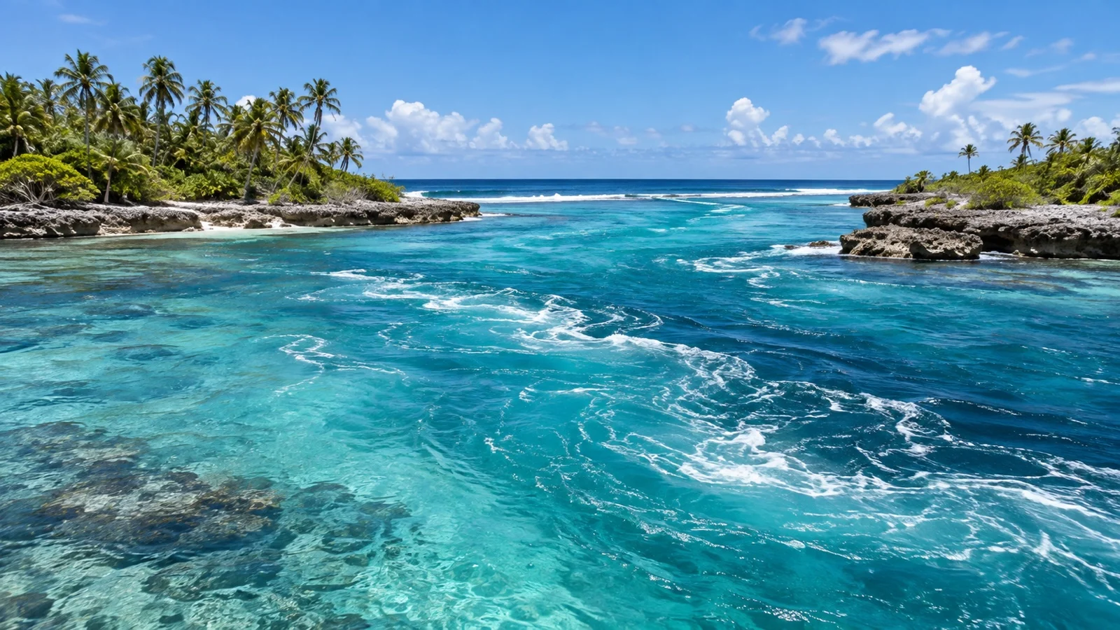 Turquoise current running through Tiputa Pass between Rangiroa’s coral reef shores