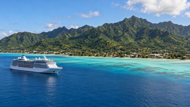 Cruise ship anchored offshore from mountainous Rarotonga