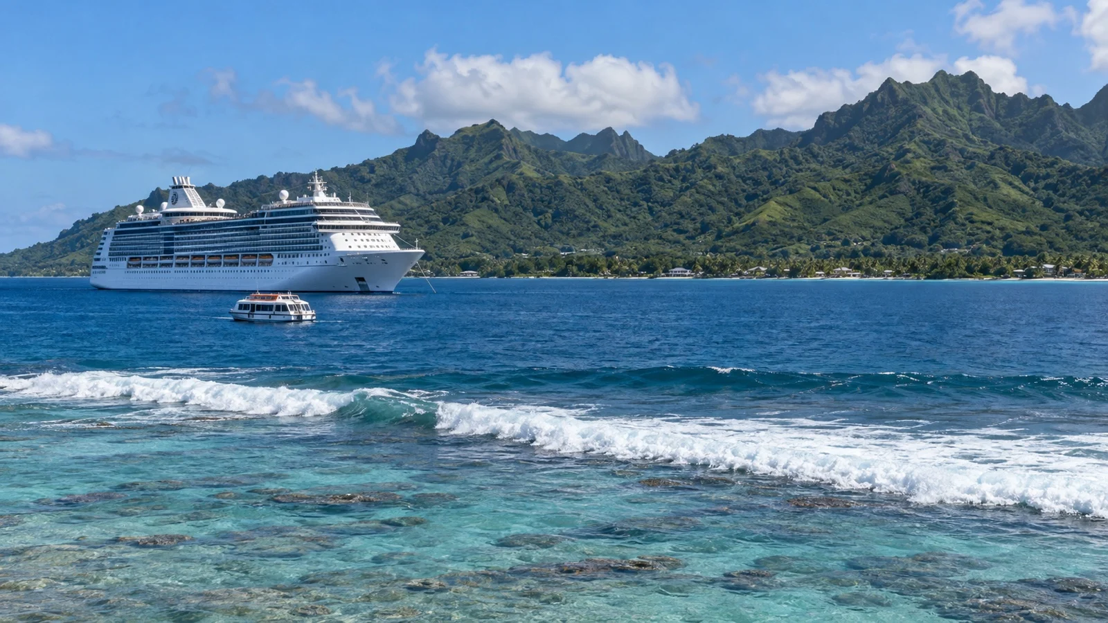 Cruise ship offshore from Rarotonga, Cook Islands, with reef break and tender boat