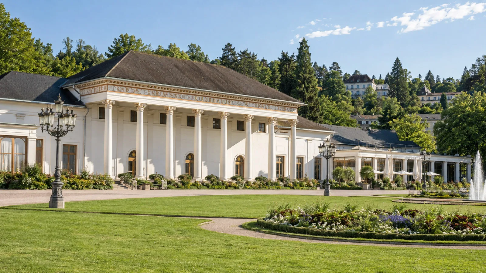 Baden-Baden Germany Kurhaus and formal gardens on quiet sunny day, no people