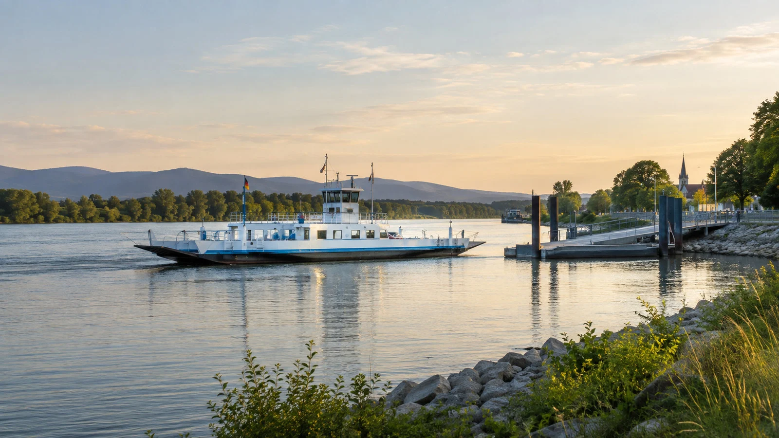 Plittersdorf Rhine ferry and riverside landscape near Rastatt Germany, no people