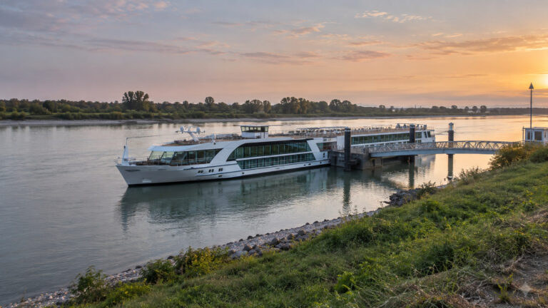 River cruise vessel at Plittersdorf Rhine landing near Rastatt Germany with flat riverbanks, no people