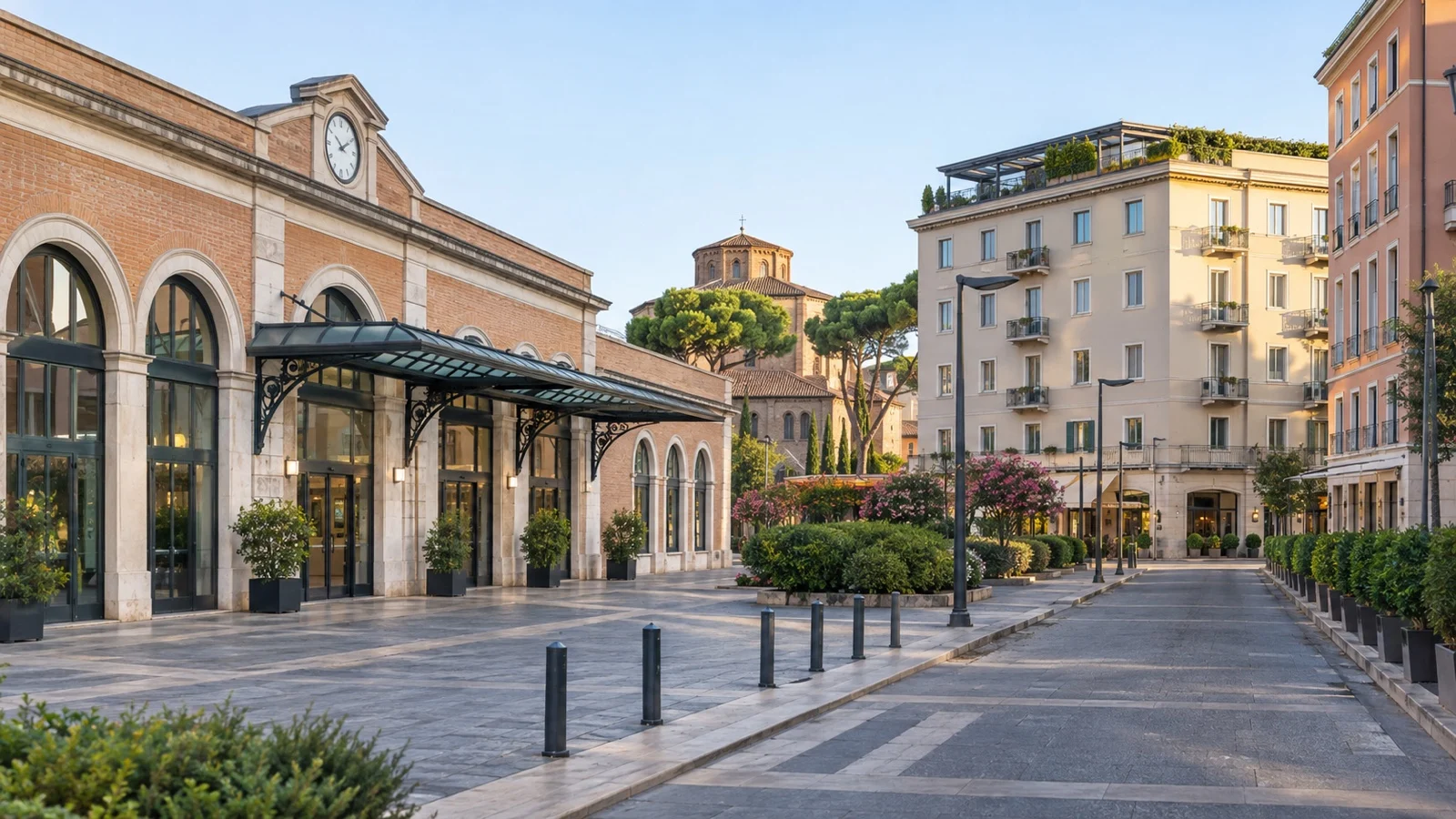 Ravenna railway station exterior and nearby hotels in soft Emilia-Romagna daylight