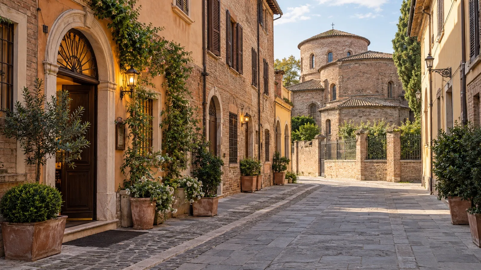Historic Ravenna town street with small practical hotels, warm brick buildings and quiet pavements