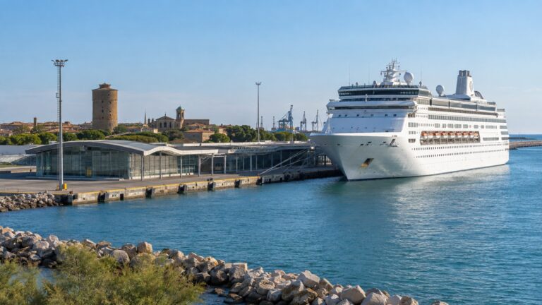 Porto Corsini cruise terminal near Ravenna with a white cruise ship docked on the Adriatic coast