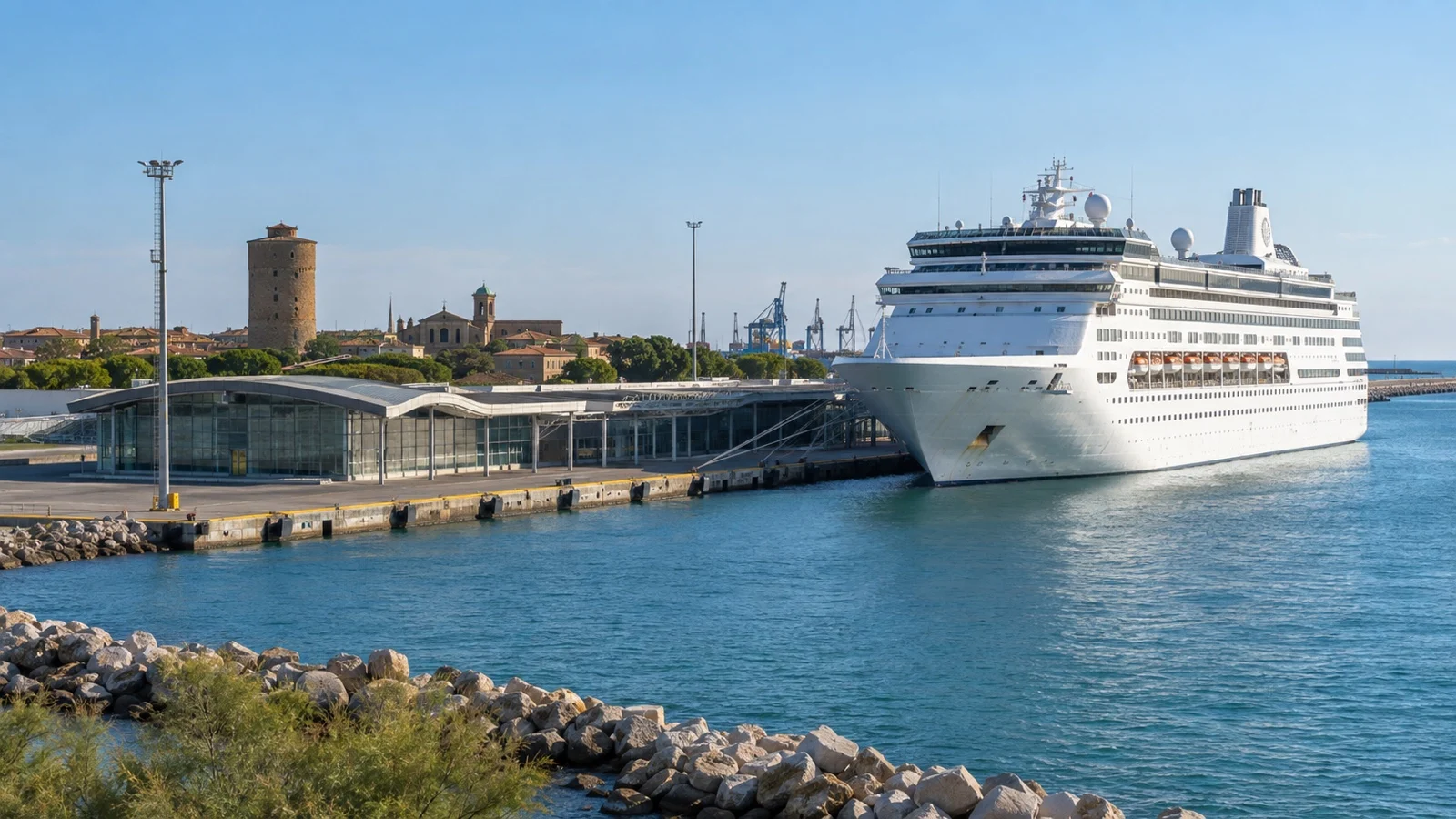 Porto Corsini cruise terminal near Ravenna with a white cruise ship docked on the Adriatic coast