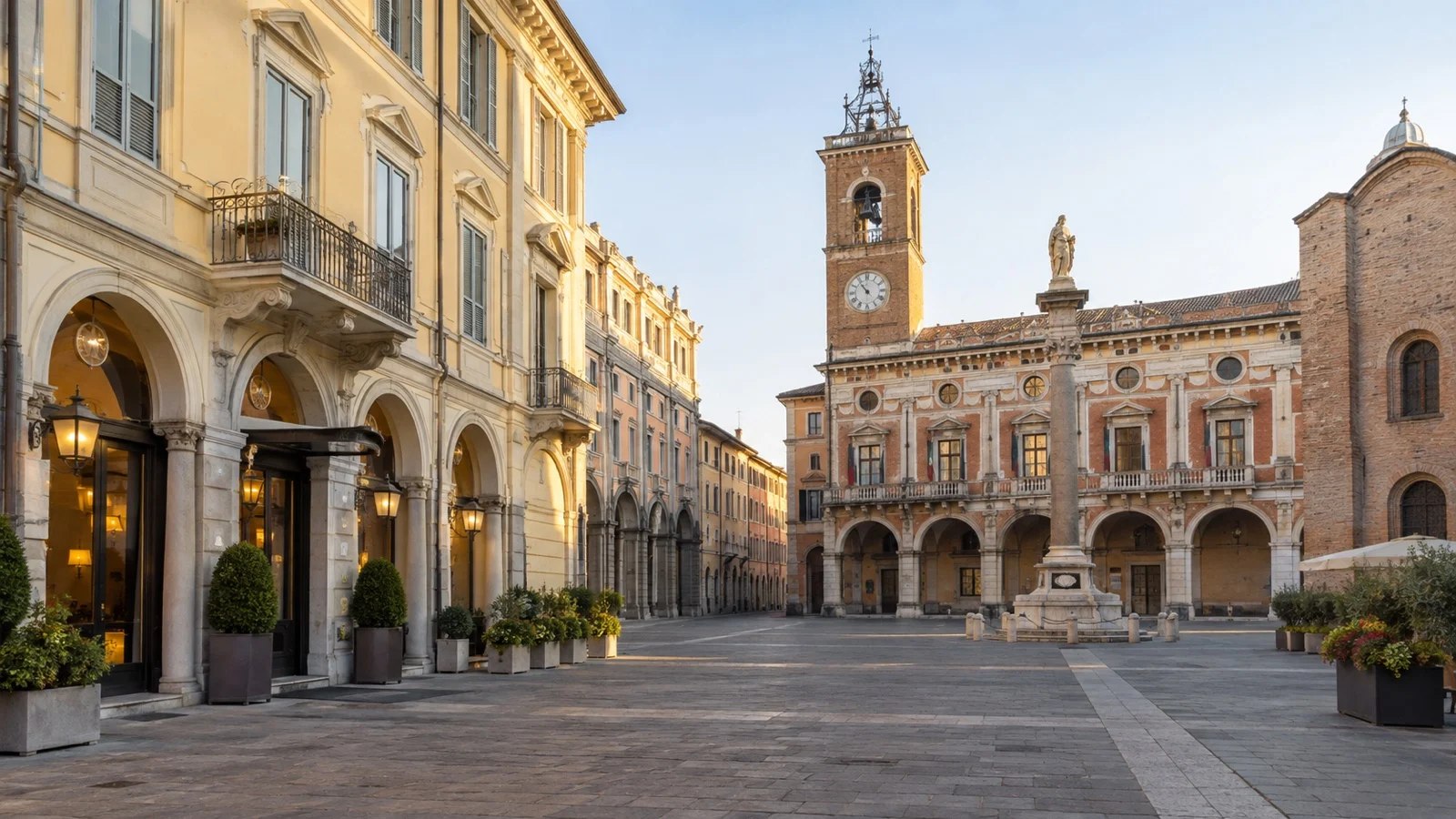 Ravenna city center near Piazza del Popolo with historic hotel buildings and Italian streetscape