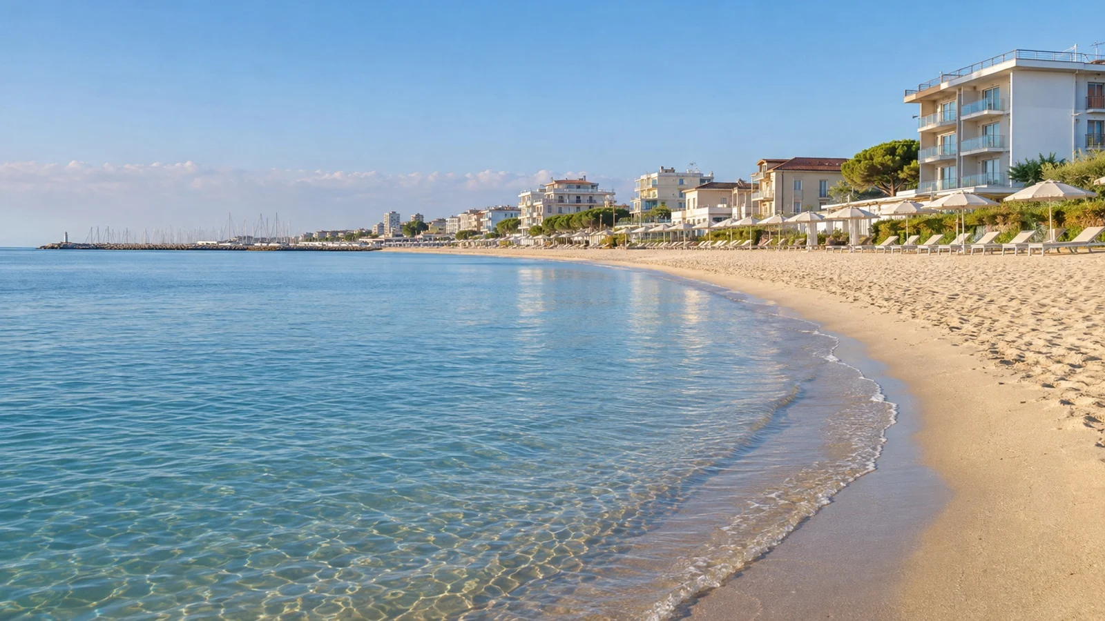 Marina di Ravenna Adriatic beachfront with tasteful seaside hotels, pale sand and calm water