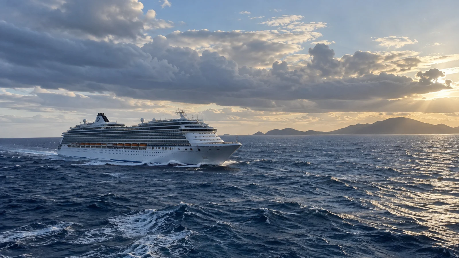 Cruise ship crossing rolling open-sea swells under layered clouds