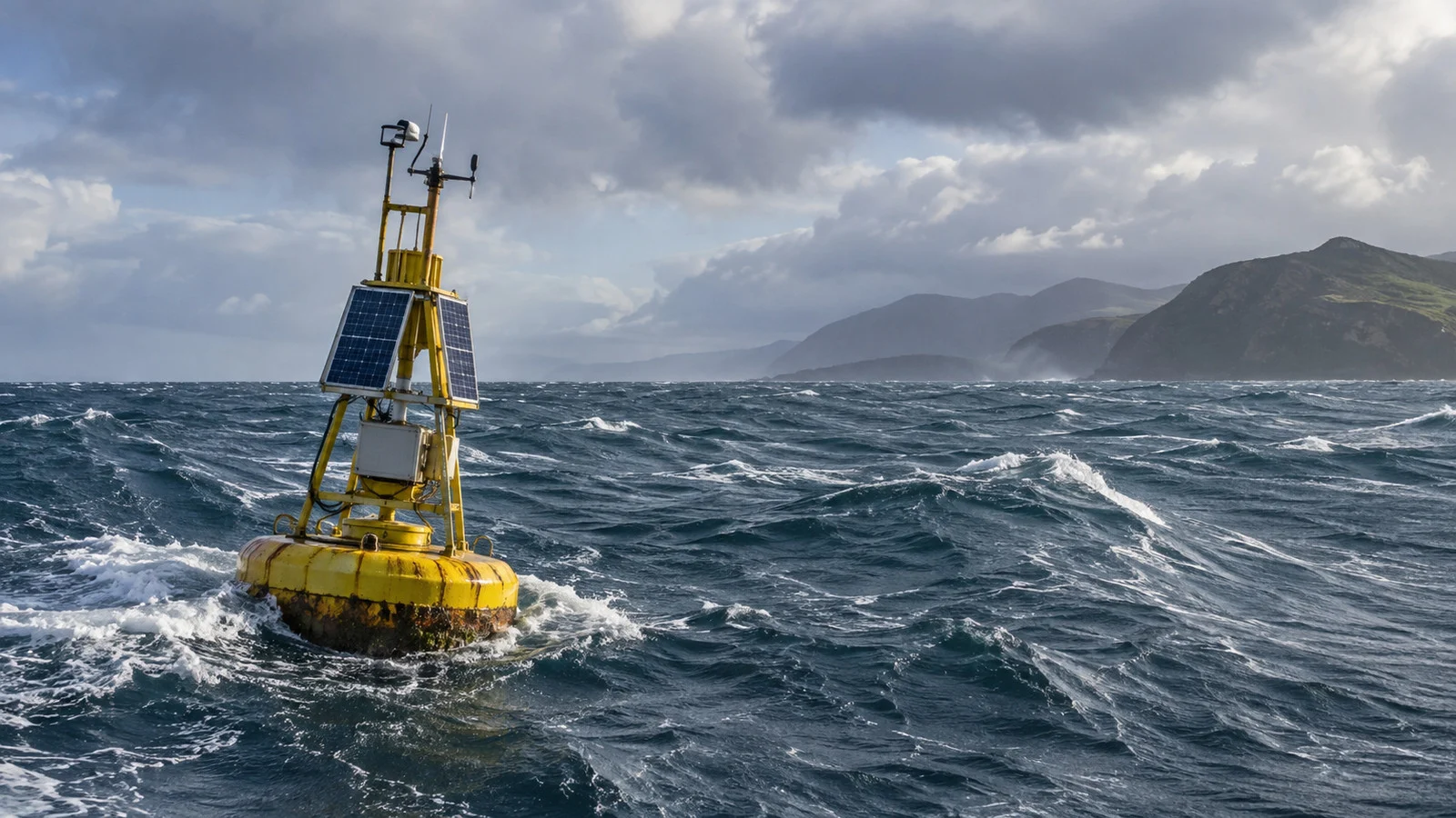 Weather buoy floating in rough sea near a cruise route