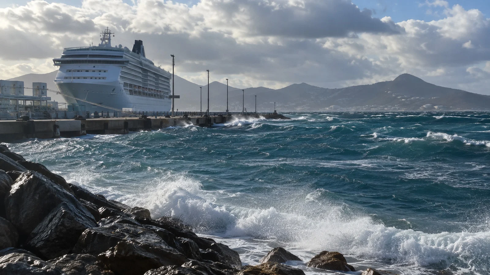 Whitecaps and wind waves breaking near an exposed cruise port