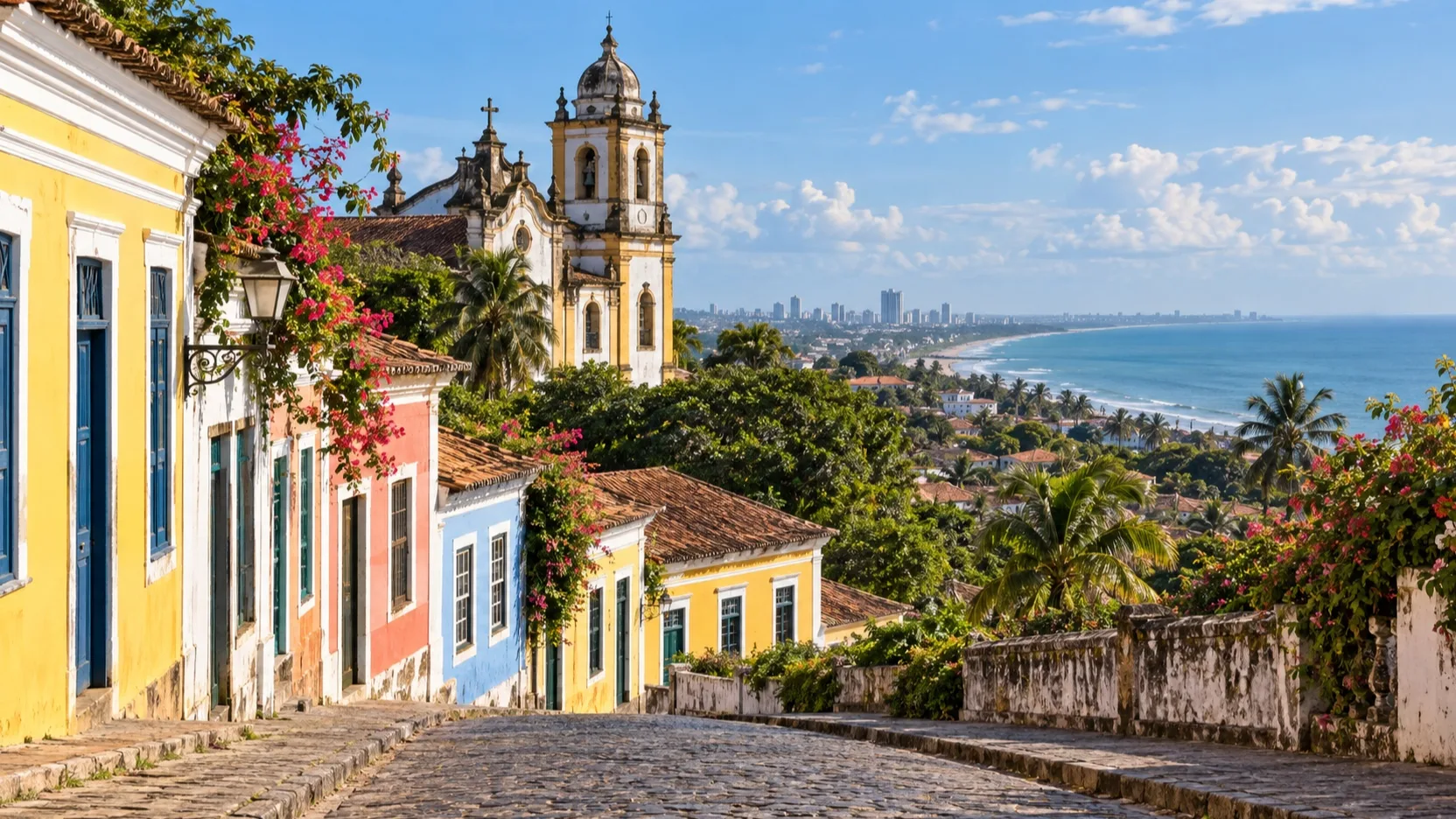 Colorful colonial streets and church tower in Olinda