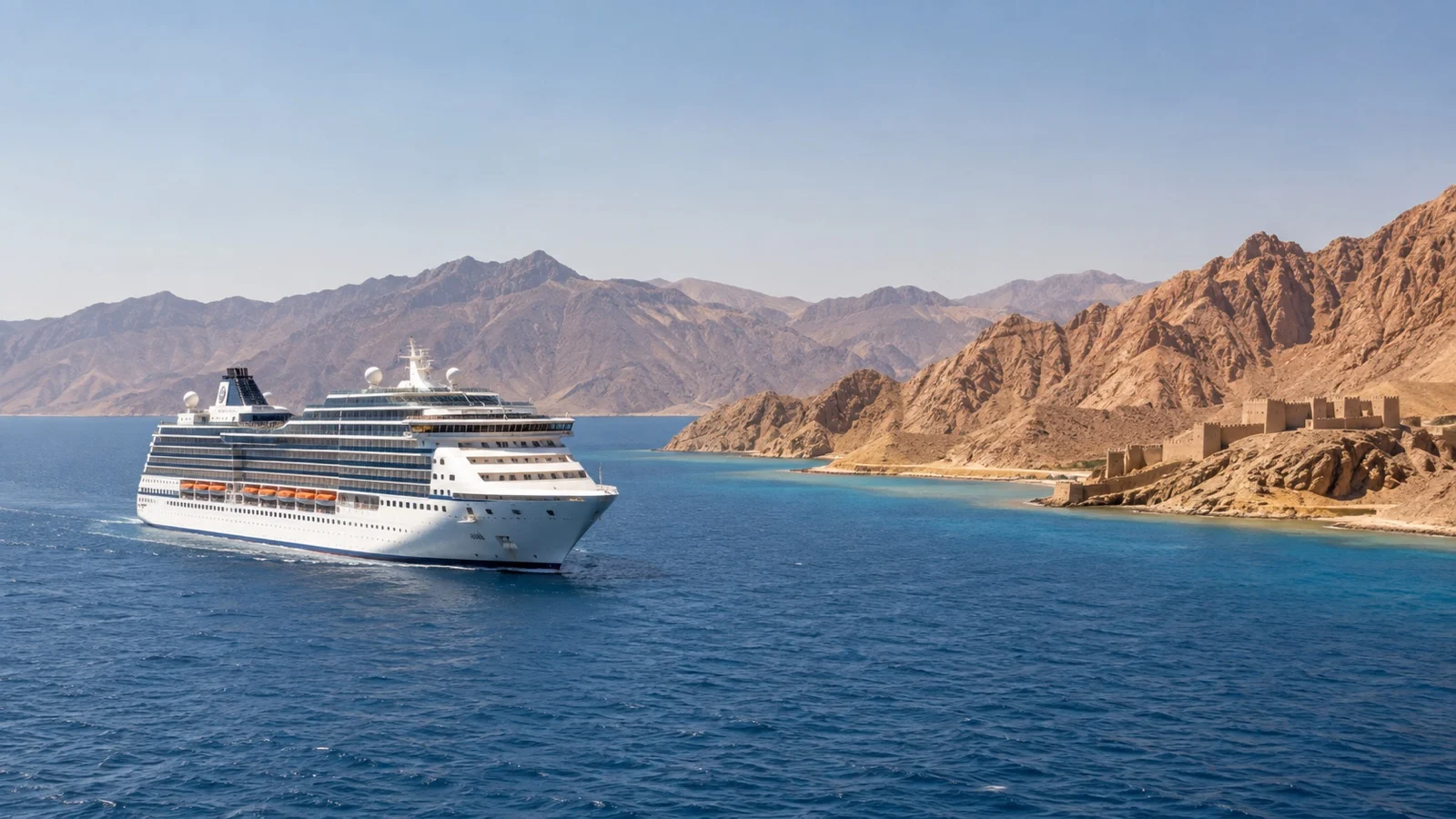 Cruise ship sailing in the Red Sea beside arid coast