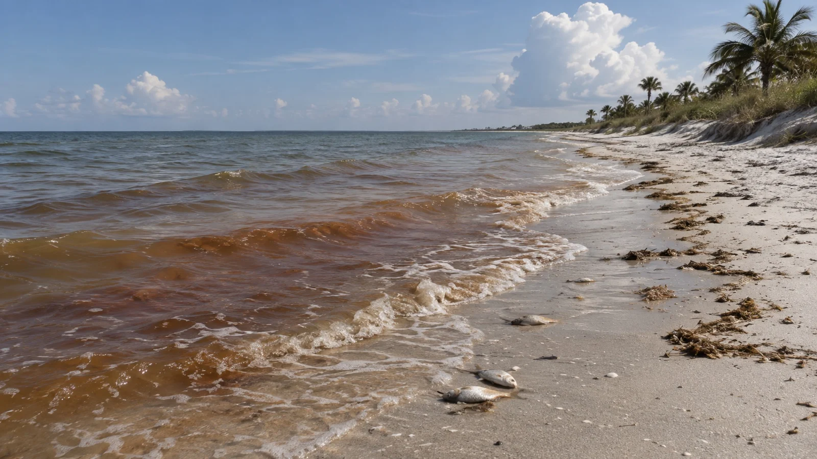 Empty Florida Gulf Coast beach with brownish water and small dead fish at shoreline