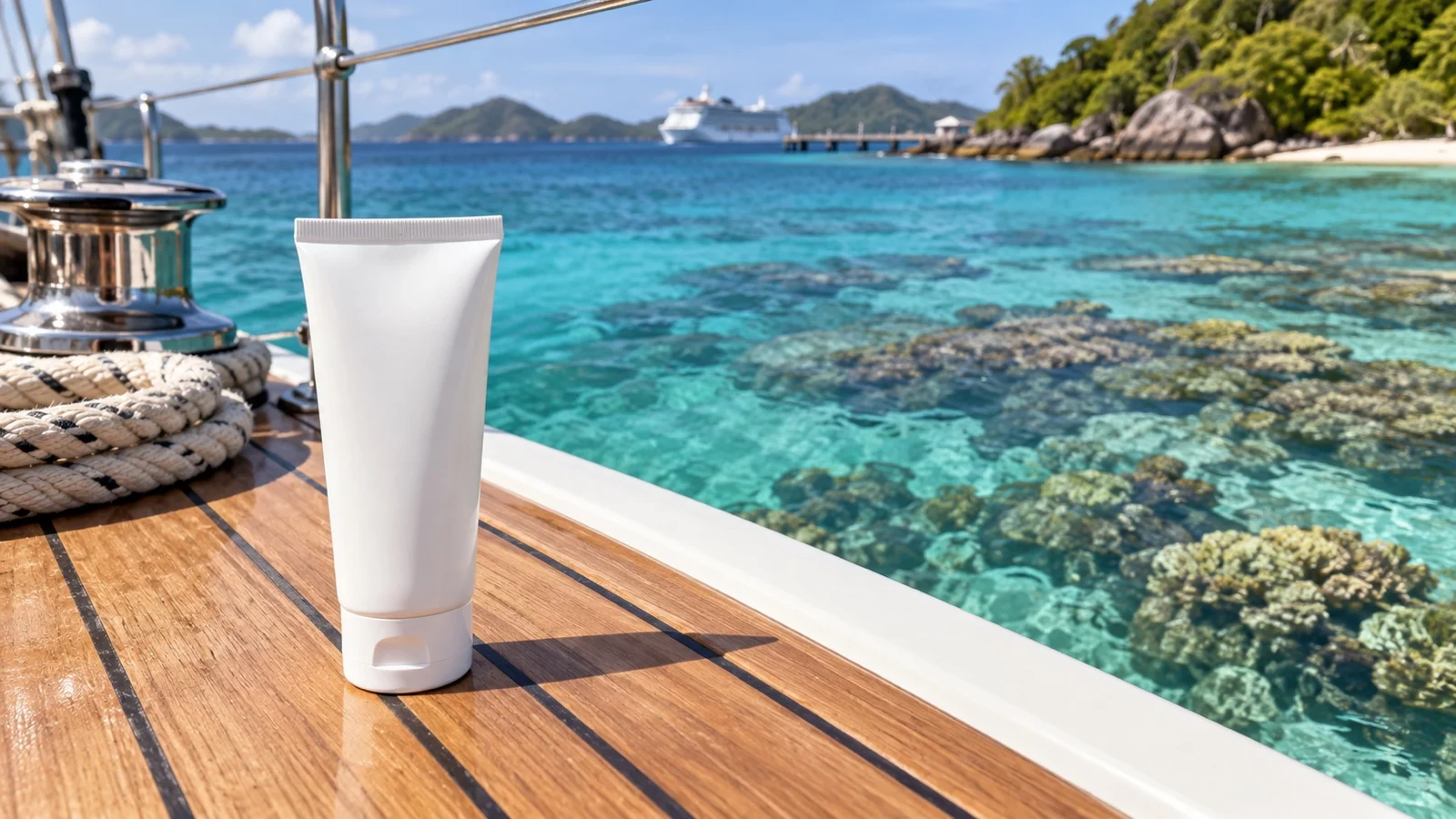 Unbranded sunscreen tube on a boat deck above a shallow tropical coral reef