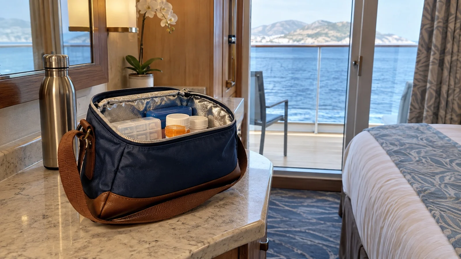 Insulated medication cooler in small day bag on cruise cabin counter