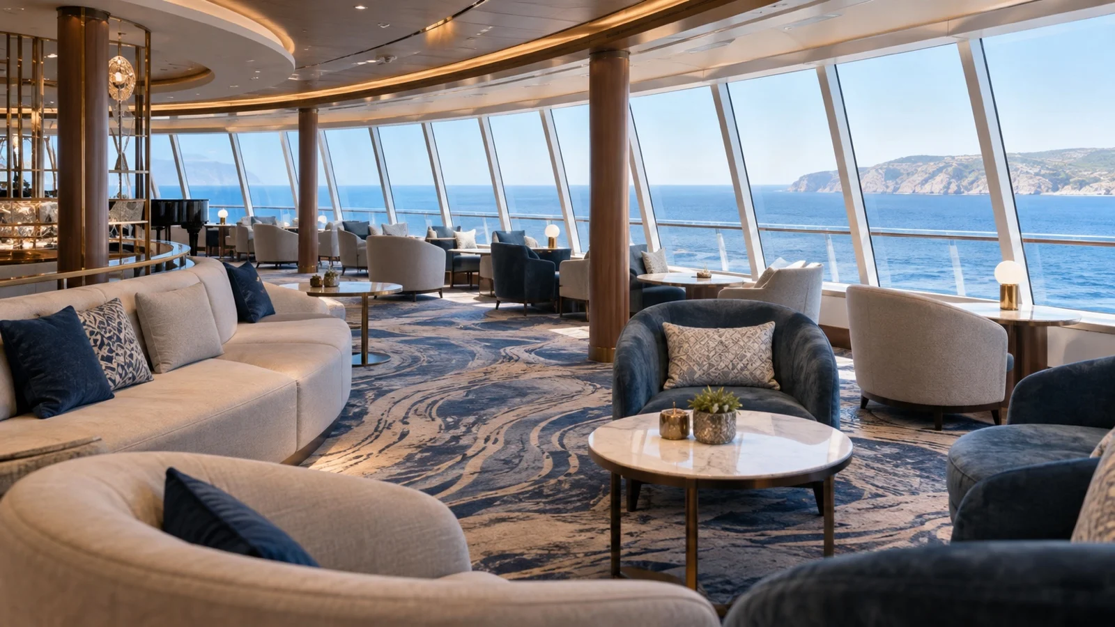 Refreshed empty cruise ship lounge with new furniture and sea view