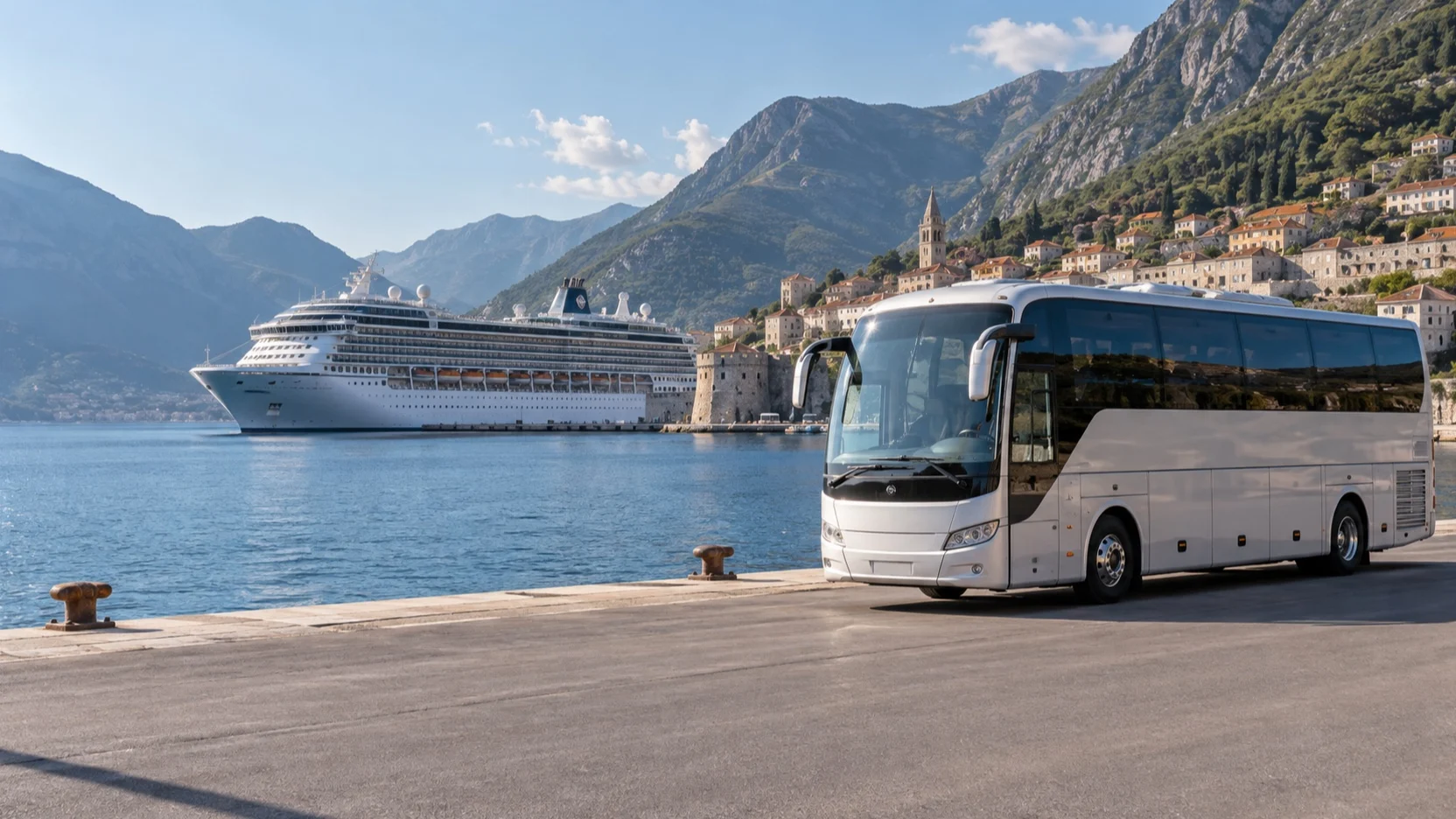 Excursion coach at a remote Mediterranean cruise gateway port