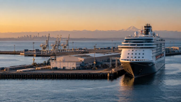Cruise ship at an industrial terminal far from a city skyline
