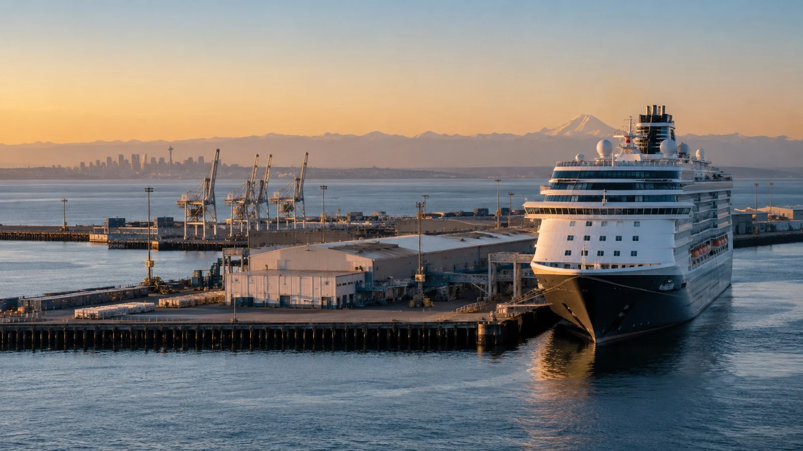 Cruise ship at an industrial terminal far from a city skyline