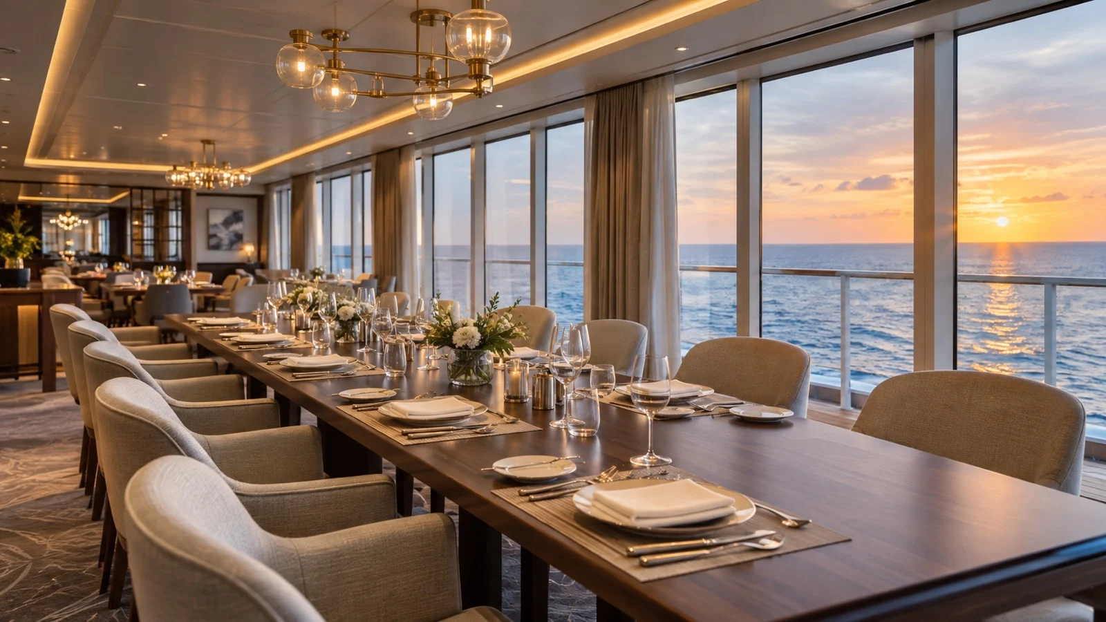 Dining lounge aboard residential cruise ship