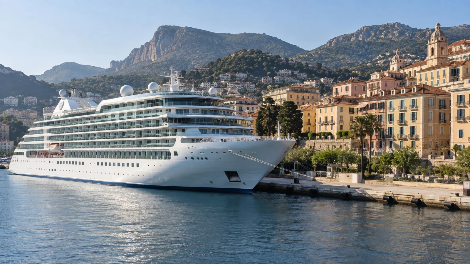 Residential cruise ship moored at city harbor