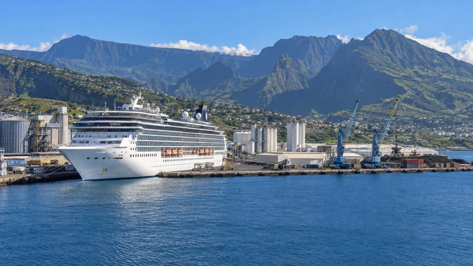 Cruise ship at Port Est commercial harbor on Réunion